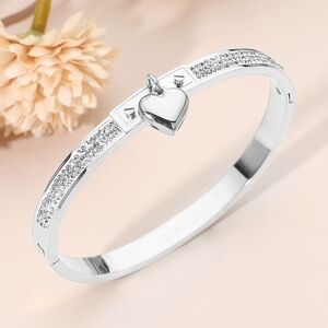 Silver Heart Charm Stainless Steel Metal CZ Crystal Bangle Evening Bracelet
